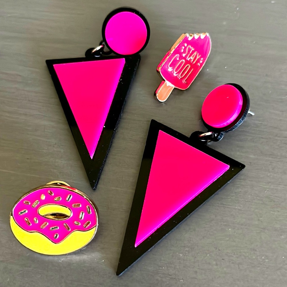 One enamel donut pin, one “stay cool” popsicle pin, and a pair of pink earrings!